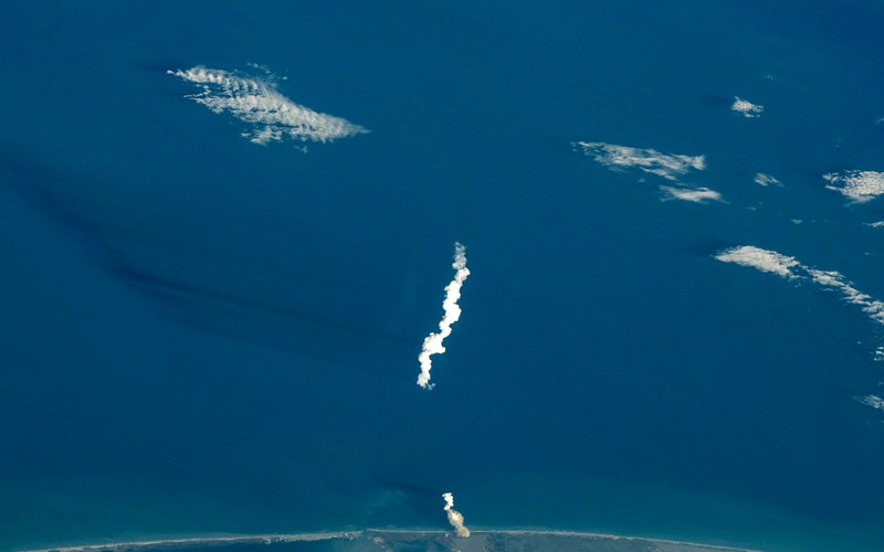Starship launch plume over the Gulf, from orbit